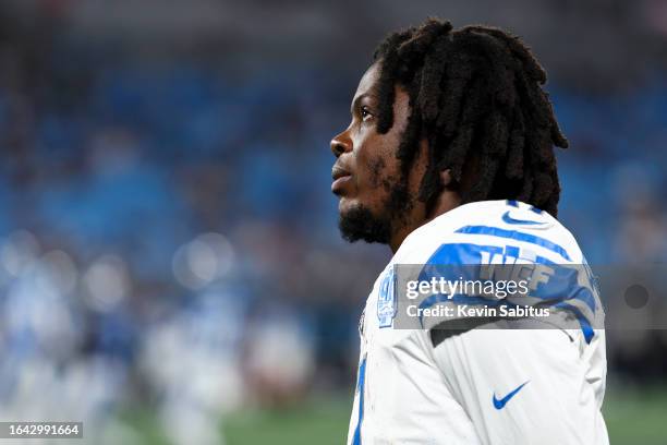 Teddy Bridgewater of the Detroit Lions stands on the sidelines during an NFL preseason football game against the Carolina Panthers at Bank of America...