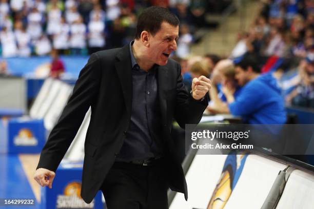 Head coach Muli Katzurin of Skyliners celebrates during the Beko BBL match between Fraport Skyliners and Eisbaeren Bremerhaven at Fraport Arena on...