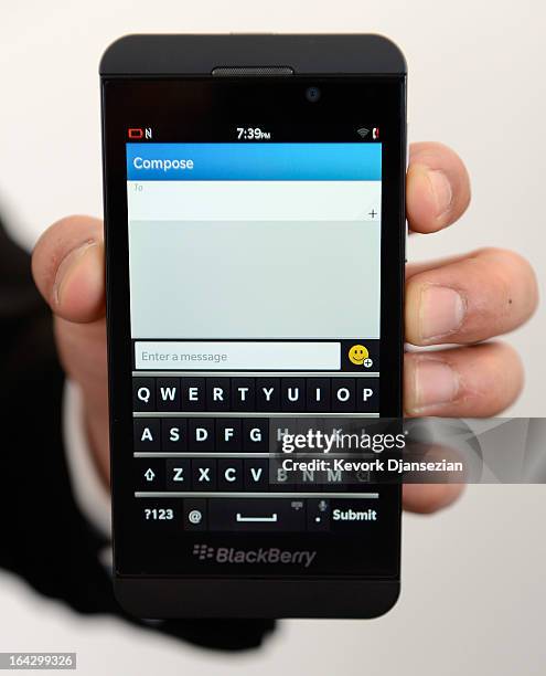 The new BlackBerry Z10 smartphone is displayed at an AT&T store after it went on sale in the U.S. On March 22, 2013 in Beverly Hills, California....
