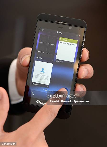 The new BlackBerry Z10 smartphone is displayed at an AT&T store after it went on sale in the U.S. On March 22, 2013 in Beverly Hills, California....