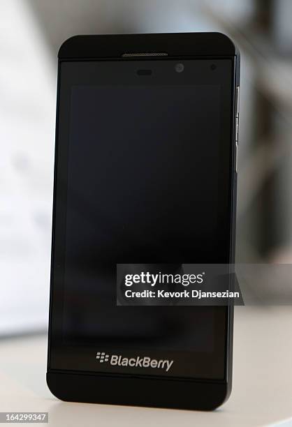 The new BlackBerry Z10 smartphone is displayed at an AT&T store after it went on sale in the U.S. On March 22, 2013 in Beverly Hills, California....