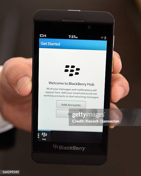 The new BlackBerry Z10 smartphone is displayed at an AT&T store after it went on sale in the U.S. On March 22, 2013 in Beverly Hills, California....