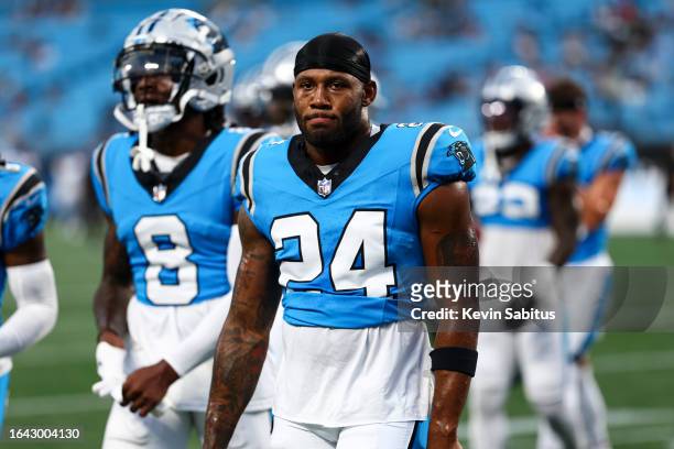 Vonn Bell of the Carolina Panthers walks off the field prior to an NFL preseason football game against the Detroit Lions at Bank of America Stadium...