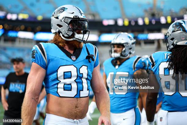 Hayden Hurst of the Carolina Panthers warms up prior to an NFL preseason football game against the Detroit Lions at Bank of America Stadium on August...