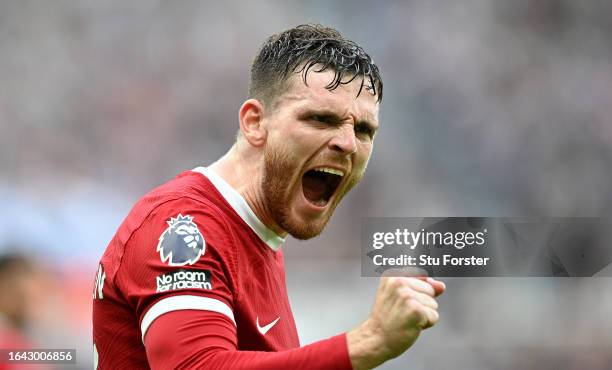 Liverpool player Andrew Robertson reacts during the Premier League match between Newcastle United and Liverpool FC at St. James Park on August 27,...
