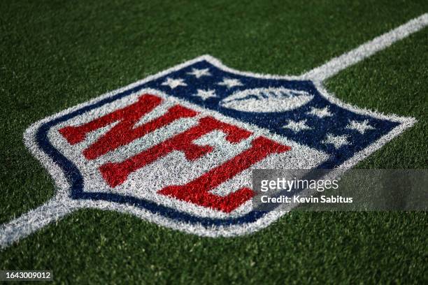 An NFL shield logo is painted on the field prior to an NFL preseason football game between the Carolina Panthers and the Detroit Lions at Bank of...