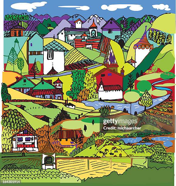 swiss landscape - patchwork landscape stock illustrations