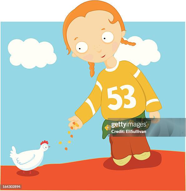 girl feeding chicken - design plat stock illustrations