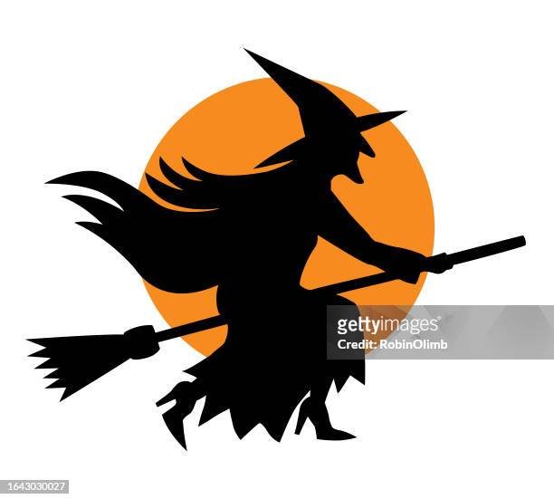 fliegende hexen-ikone - witch flying on broom stock-grafiken, -clipart, -cartoons und -symbole