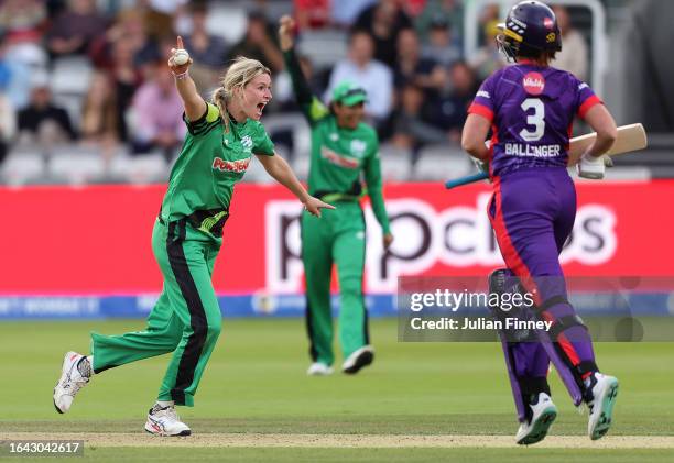 Lauren Bell of Southern Brave celebrates after taking the wicket of Grace Ballinger of Northern Superchargers to win the match and defeat Northern...