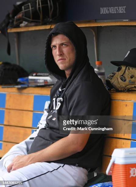 Beau Brieske of the Detroit Tigers looks on from the dugout during the game against the Chicago Cubs at Comerica Park on August 23, 2023 in Detroit,...