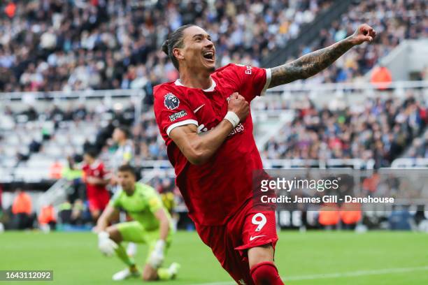 Darwin Nunez of Liverpool celebrates his side's second and winning goal during the Premier League match between Newcastle United and Liverpool FC at...