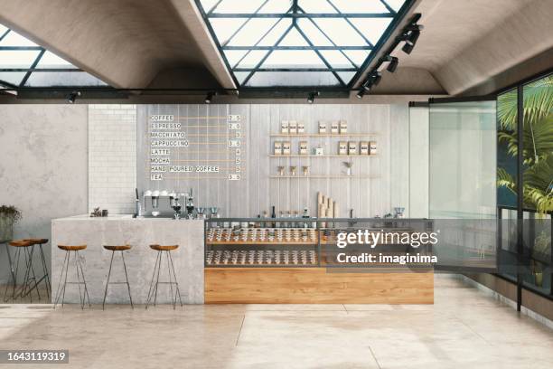 third wave coffee shop interior - restaurant building inside stock pictures, royalty-free photos & images