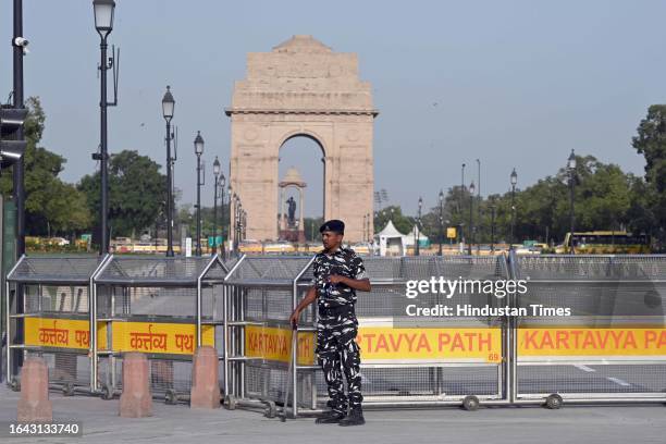 Security personnel vigil at Kartavya Path near India Gate during preparation for the G20 Summit, on September 3, 2023 in New Delhi, India. In...