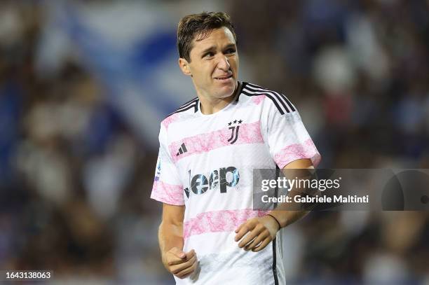 Federico Chiesa of Juventus reacts during the Serie A TIM match between Empoli FC and Juventus at Stadio Carlo Castellani on September 3, 2023 in...