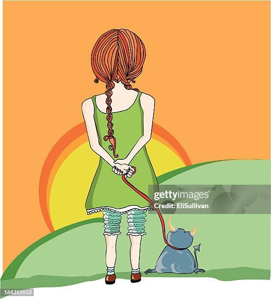 stockillustraties, clipart, cartoons en iconen met girl and demon pet - rear view girl