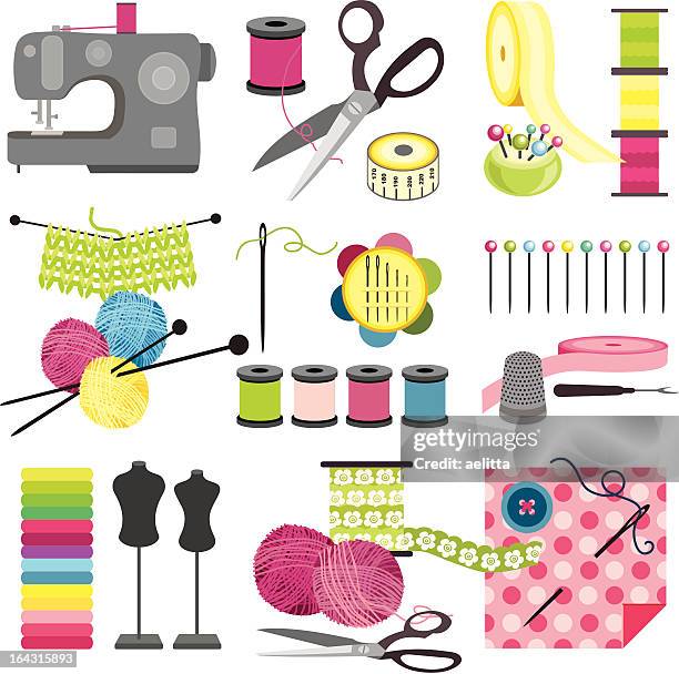 handwerk-symbole-nähen - button sewing item stock-grafiken, -clipart, -cartoons und -symbole