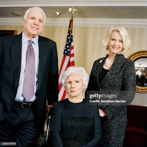 Senator John McCain, his mother, Roberta McCain and wife Cindy Hensley McCain are photographed for Town & Country Magazine at Roberta McCain's 100th...