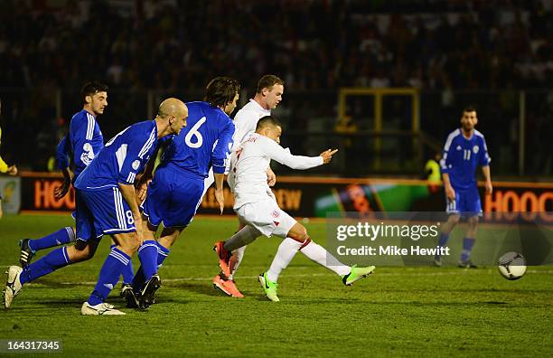 Alex Oxlade-Chamberlain of England scores his team's second goal during the FIFA 2014 World Cup Qualifier Group H match between San Marino and...