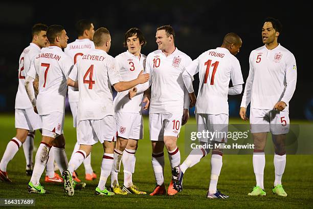 Wayne Rooney of England celebrates his goal with team mates during the FIFA 2014 World Cup Qualifier Group H match between San Marino and England at...