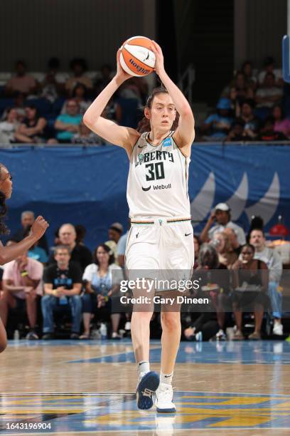 Breanna Stewart of the New York Liberty looks to pass the ball during the game against the Chicago Sky on September 3, 2023 at the Wintrust Arena in...