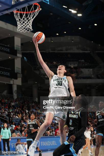 Breanna Stewart of the New York Liberty shoots the ball during the game against the Chicago Sky on September 3, 2023 at the Wintrust Arena in...