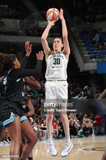 Breanna Stewart of the New York Liberty shoots the ball during the game against the Chicago Sky on September 3, 2023 at the Wintrust Arena in...