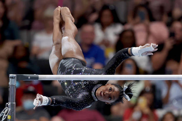 Simone Biles competes in the uneven bars on day four of the 2023 U.S. Gymnastics Championships at SAP Center on August 27, 2023 in San Jose,...