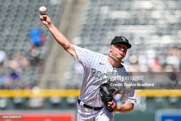 Chase Anderson of the Colorado Rockies pitches against the Toronto Blue Jays in the first inning at Coors Field on September 3, 2023 in Denver,...