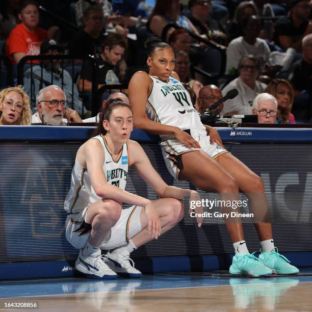 Breanna Stewart and Betnijah Laney of the New York Liberty look on during the game against the Chicago Sky on September 3, 2023 at the Wintrust Arena...