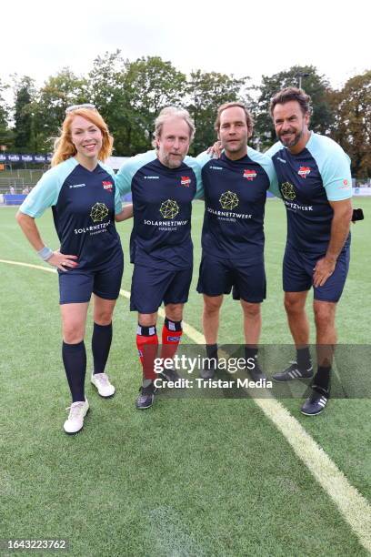 Esther Roling, Bjarne Maedel, Axel Bosse, Stephan Luca during the "Kicken mit Herz" charity soccer match at Stadion Hoheluft on September 3, 2023 in...