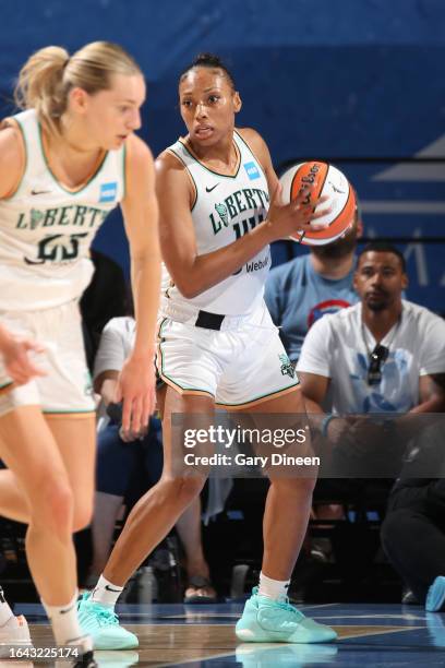 Betnijah Laney of the New York Liberty handles the ball during the game against the Chicago Sky on September 3, 2023 at the Wintrust Arena in...