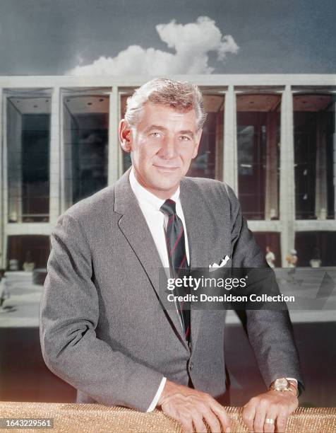 Conductor, composer and educator Leonard Bernstein poses for a portrait outside the Lincoln Center for the Performing Arts where he is the music...