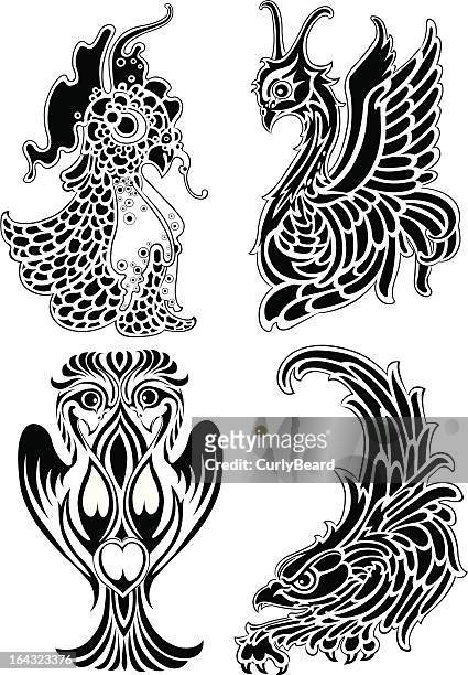 tribal tattoo with soft swirls - white dragon tattoo stock illustrations
