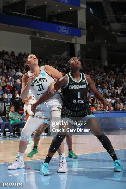 Elizabeth Williams of the Chicago Sky boxes out during the game against the New York Liberty on September 3, 2023 at the Wintrust Arena in Chicago,...