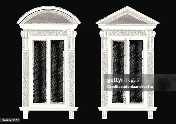 sketch of two ancient windows - pediment stock illustrations