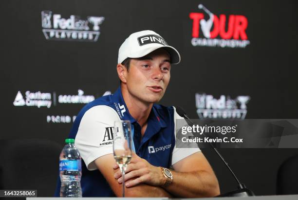 Viktor Hovland of Norway speaks to the media after winning the TOUR Championship and FedExCup at East Lake Golf Club on August 27, 2023 in Atlanta,...