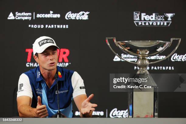 Viktor Hovland of Norway speaks to the media after winning the TOUR Championship and FedExCup at East Lake Golf Club on August 27, 2023 in Atlanta,...