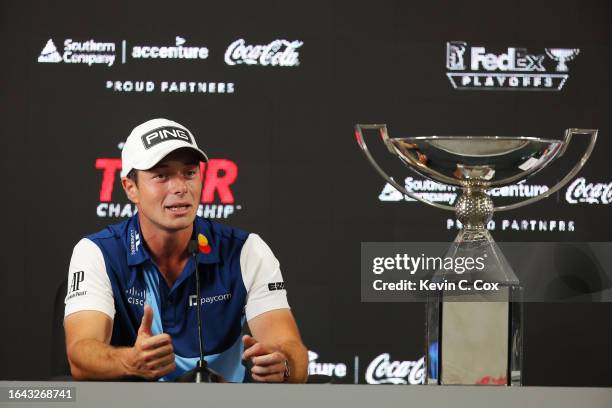 Viktor Hovland of Norway speaks to the media after winning the TOUR Championship and FedExCup at East Lake Golf Club on August 27, 2023 in Atlanta,...