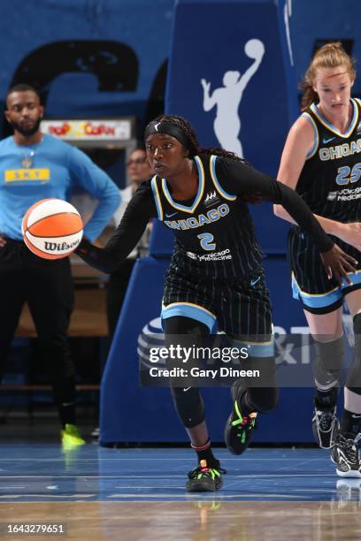 Kahleah Copper of the Chicago Sky dribbles the ball during the game against the New York Liberty on September 3, 2023 at the Wintrust Arena in...