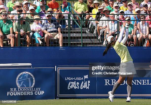 Ai Miyazato of Japan hits a tee shot during the final round of the RR Donnelley LPGA Founders Cup at Wildfire Golf Club on March 17, 2013 in Phoenix,...