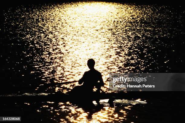 New Zealand rower Hamish Bond trains ahead of day six of the Maadi Cup at Lake Karapiro on March 23, 2013 in Cambridge, New Zealand.