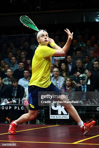 James Willstrop of England in action against Peter Barker of England in the final of the Canary Wharf Squash Classic on March 22, 2013 in London,...