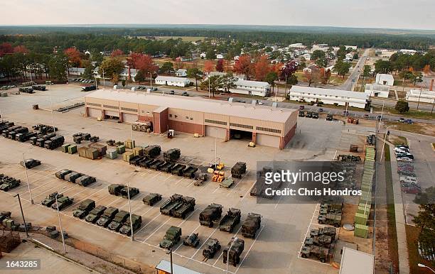 Equipment lies ready to go November 14, 2002 in an overall view of Ft. Bragg, North Carolina. Ft. Bragg, one of the country's main military bases and...
