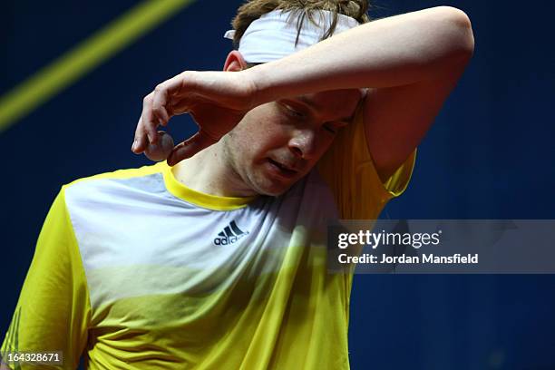 James Willstrop of England wipes sweat from his head during the final of the Canary Wharf Squash Classic against Peter Barker of England on March 22,...