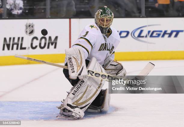 Goaltender Jack Campbell of the Dallas Stars makes a blocker save during warm-up prior to the NHL game against the Los Angeles Kings at Staples...