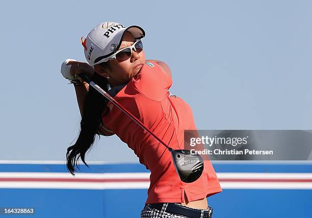 Ai Miyazato of Japan hits a tee shot during the third round of the RR Donnelley LPGA Founders Cup at Wildfire Golf Club on March 16, 2013 in Phoenix,...