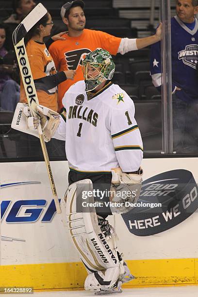 Goaltender Jack Campbell of the Dallas Stars skates during warm-up prior to the NHL game against the Los Angeles Kings at Staples Center on March 21,...