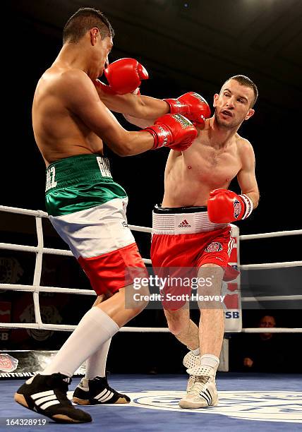 John Joe Nevin of the British Lionhearts in action with Fernando Alvarez Diaz of the Mexico Guerreros during their 57-61KG bout during the World...