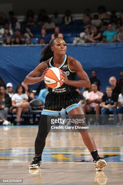 Dana Evans of the Chicago Sky handles the ball during the game against the New York Liberty on September 3, 2023 at the Wintrust Arena in Chicago,...